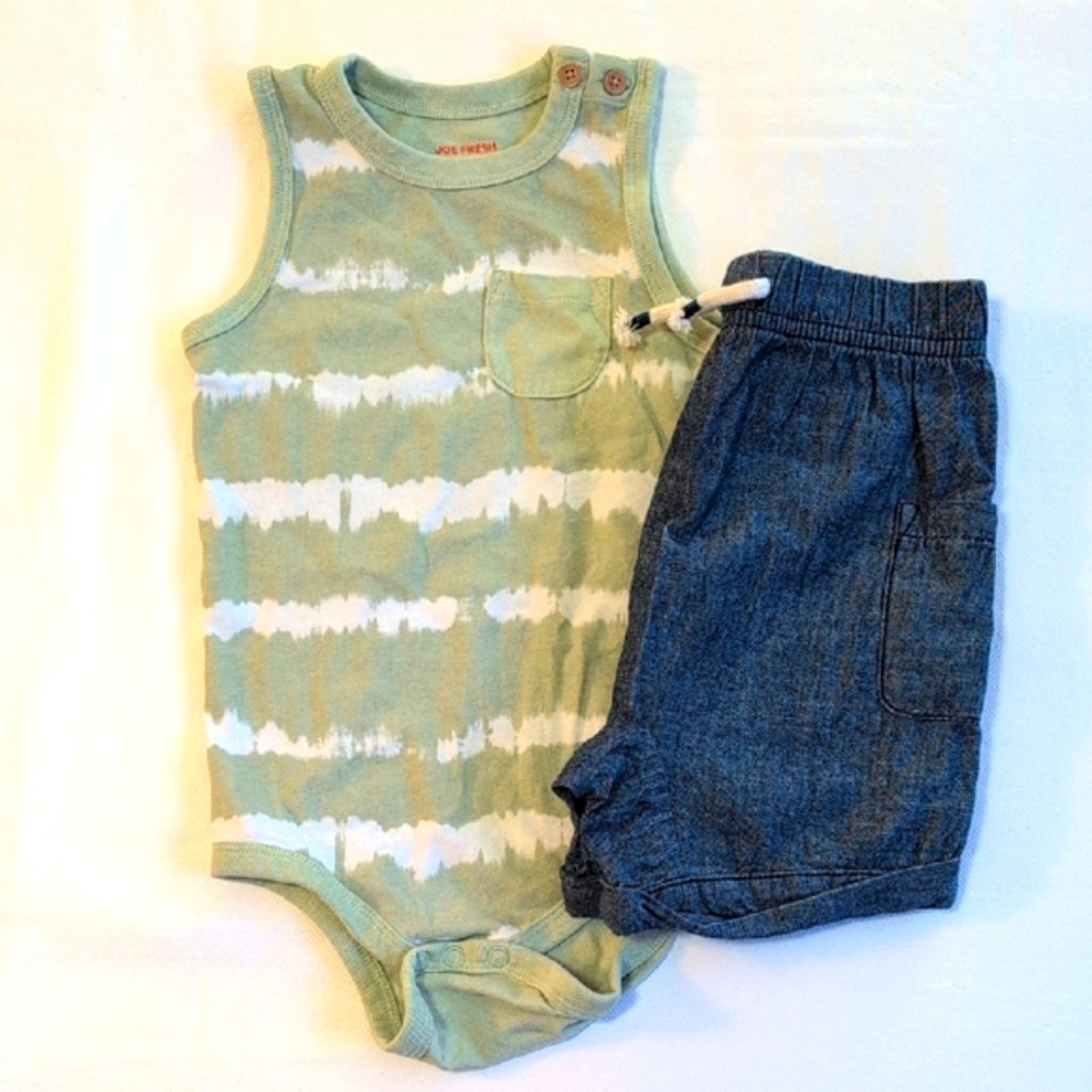 joe fresh cotton summer outfit set bodysuit & shorts 18-24 months baby boy